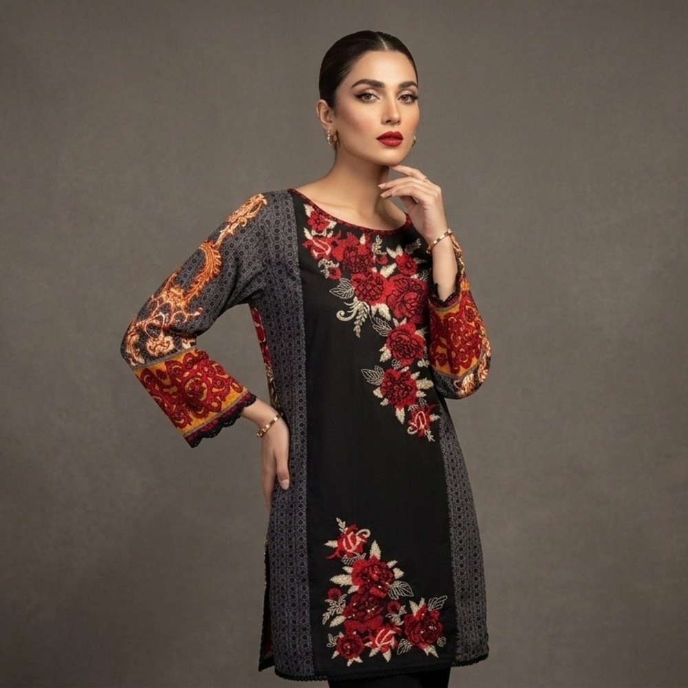 Limelight Midi Dress Kurti Womens S Black Floral Embroidered Sequin Mixed Print